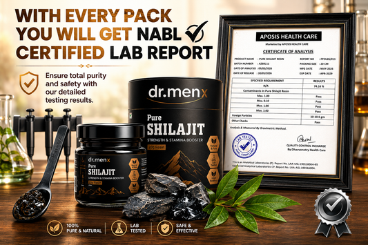 Dr. Men X Pure Shilajit with NABL-certified laboratory report showcasing product purity, safety testing, and quality verification.