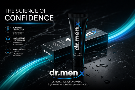 Dr. Men X Sexual Delay Gel product display highlighting confidence, long-lasting performance, clinically inspired formulation, and dermatologist-tested benefits.